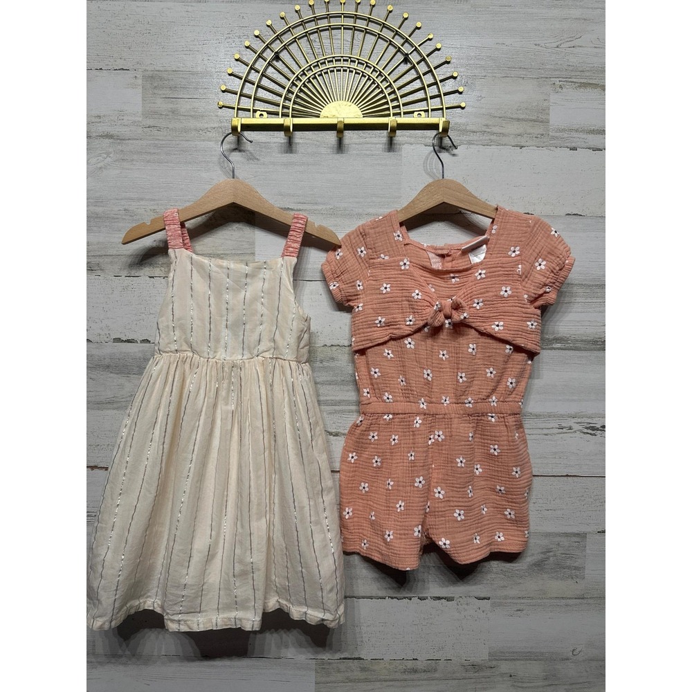 Rachel Zoe Dress Romper Set Girls 5 Pink Cream Metallic Floral Boho EUC